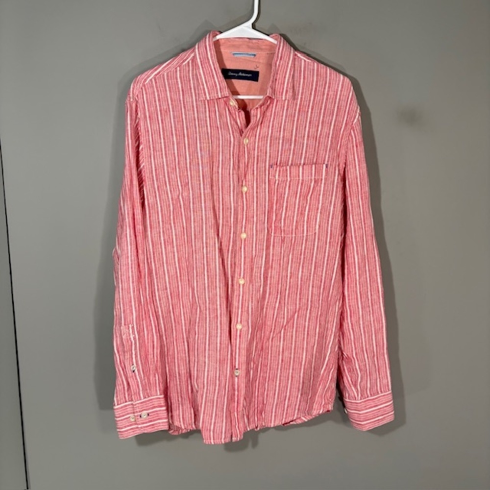 Tommy Bahama Shirt Mens Medium Pink Stripe Long Sleeve Button Up Linen Casual